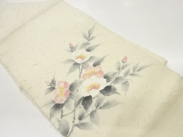 作家物　ひげ紬手描き椿模様名古屋帯